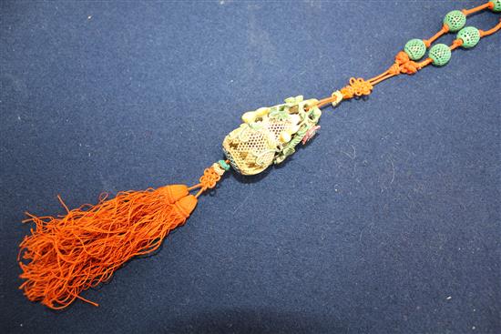 A cricket cage and a silk and ivory bead necklace, pendant & brooch